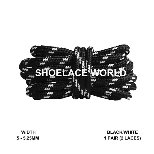 Black / White Rope Round Shoelaces 3/16 Inch 5-5.25mm For Boot Hiking Jogging Trekking Durable Laces Ships Out From The USA Next Day