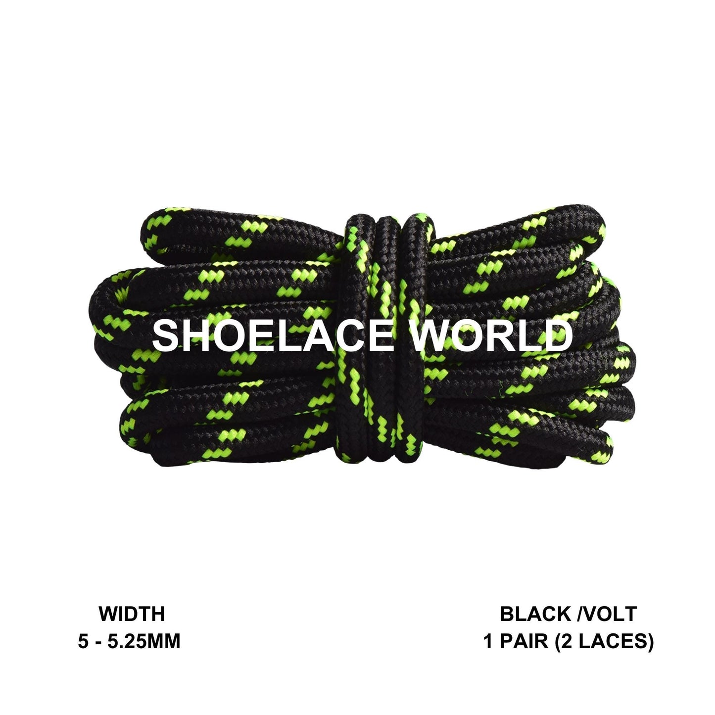 Black / Volt Rope Round Shoelaces 3/16 Inch 5-5.25mm For Boot Hiking Jogging Trekking Durable Laces Ships Out From The USA Next Day