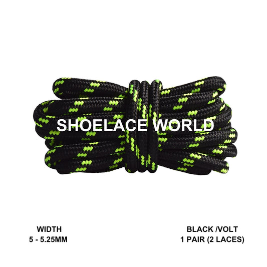Black / Volt Rope Round Shoelaces 3/16 Inch 5-5.25mm For Boot Hiking Jogging Trekking Durable Laces Ships Out From The USA Next Day