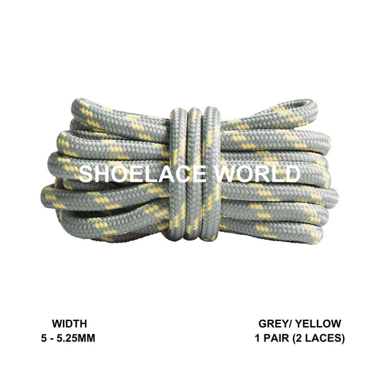 Grey / Yellow Rope Round Shoelaces 3/16 Inch 5-5.25mm For Boot Hiking Jogging Trekking Durable Laces Ships Out From The USA Next Day