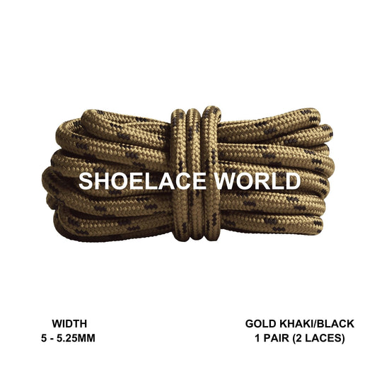 Gold Khaki / Black Rope Round Shoelaces 3/16 Inch 5-5.25mm For Boot Hiking Jogging Trekking Durable Laces Ships Out From The USA Next Day