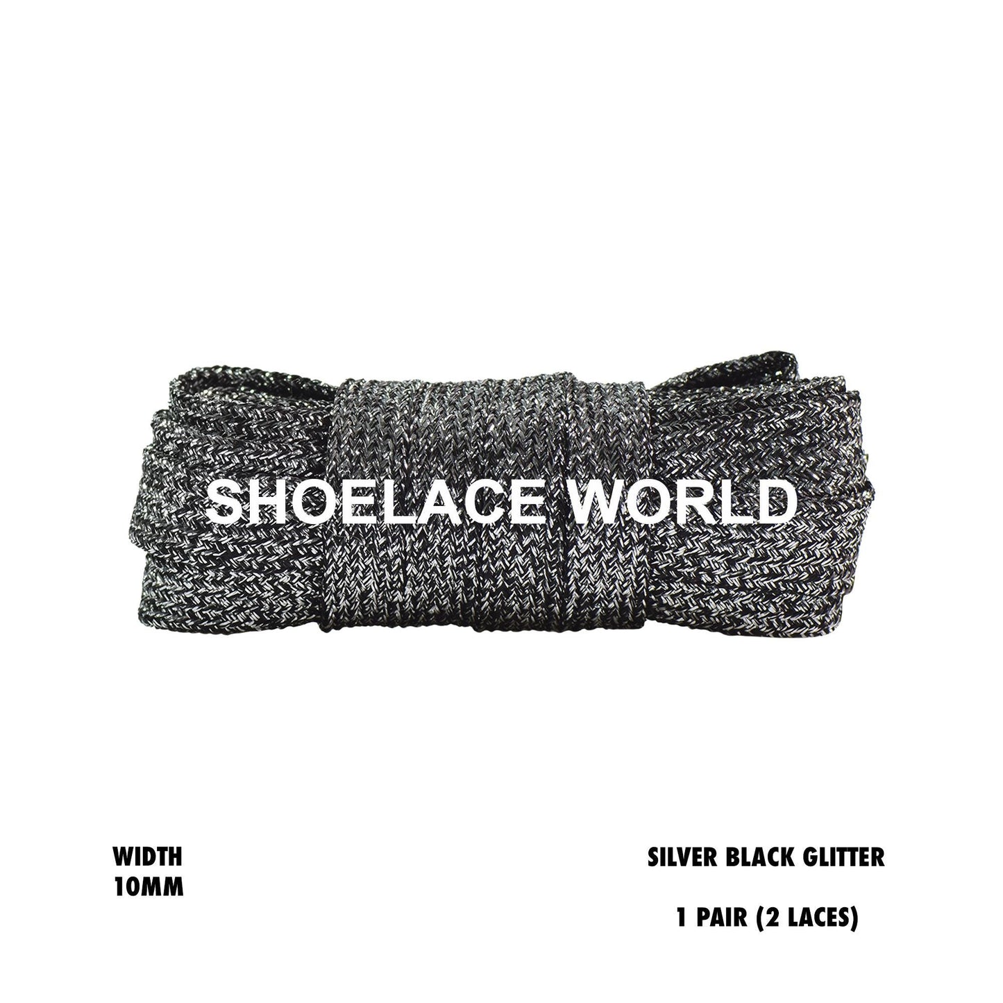 Silver / Black Flat Glitter Wide 10mm Shoelaces Shiny Laces Ships Out From The USA Next Day