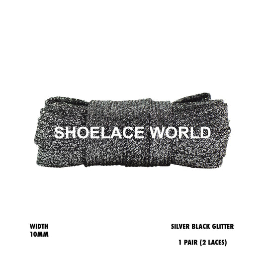 Silver / Black Flat Glitter Wide 10mm Shoelaces Shiny Laces Ships Out From The USA Next Day