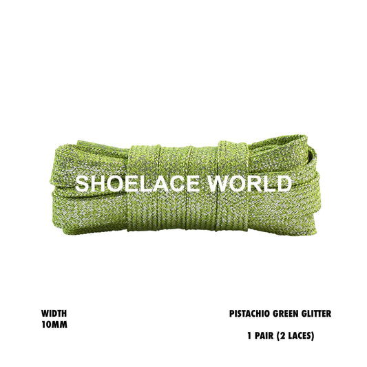 Pistachio Green Flat Glitter Wide 10mm Shoelaces Shiny Laces Ships Out From The USA Next Day