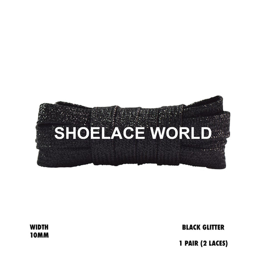 Black Flat Glitter Wide 10mm Shoelaces Shiny Laces Ships Out From The USA Next Day