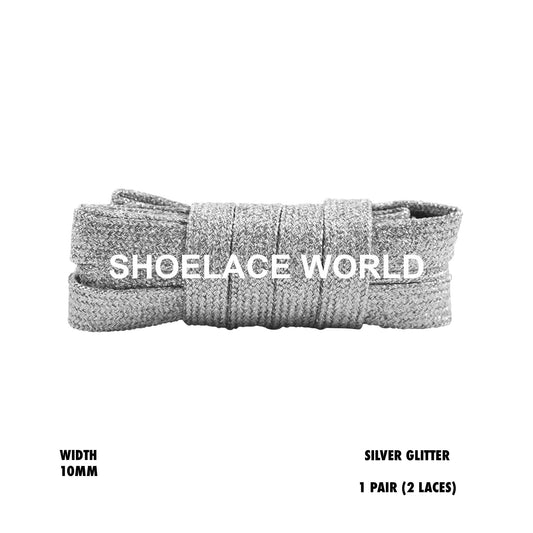 Silver Flat Glitter Wide 10mm Shoelaces Shiny Laces Ships Out From The USA Next Day