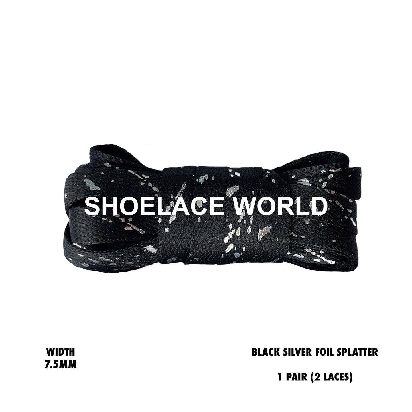 Black Silver Foil Splatter Flat 7.5mm Shoelaces Cool New Laces Ships Out From The USA Next Day