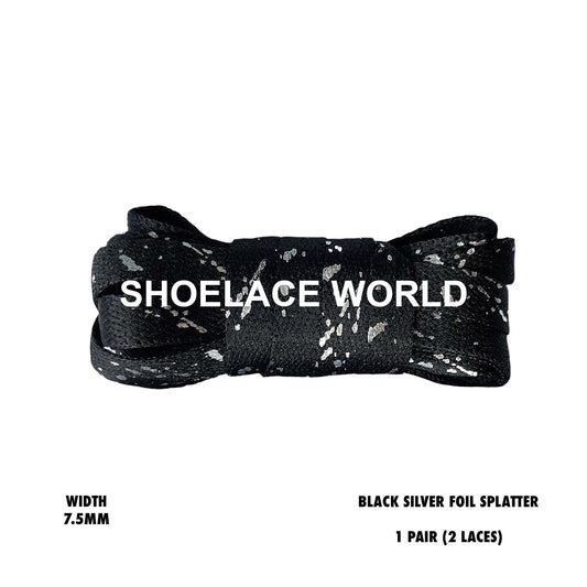 Black Silver Foil Splatter Flat 7.5mm Shoelaces Cool New Laces Ships Out From The USA Next Day
