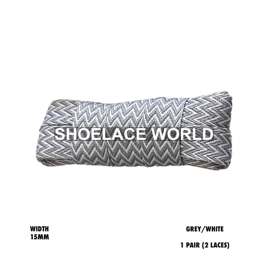 Grey/White W-Threaded Pattern Flat Shoelaces 15mm Colorful Pattern Laces Ships Out From The USA Next Day
