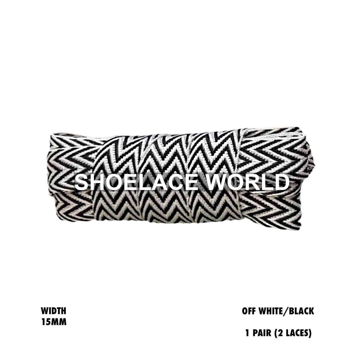 Off-White/Black W-Threaded Pattern Flat Shoelaces 15mm Colorful Pattern Laces Ships Out From The USA Next Day