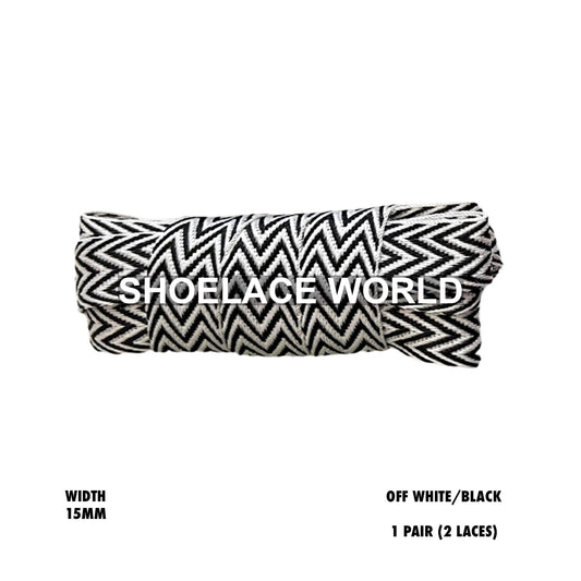 Off-White/Black W-Threaded Pattern Flat Shoelaces 15mm Colorful Pattern Laces Ships Out From The USA Next Day