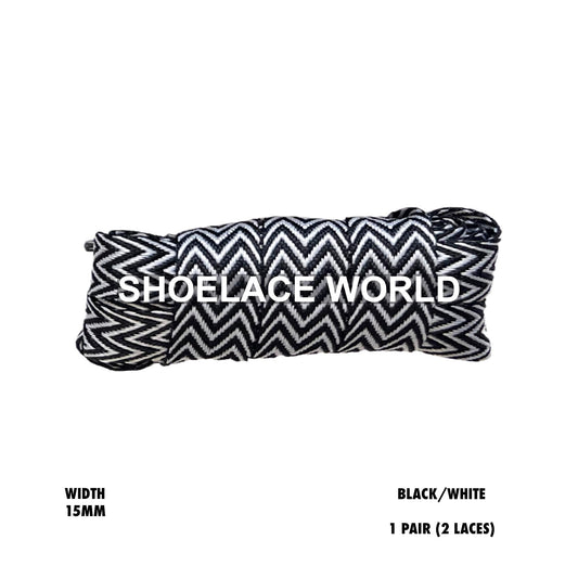 Black/White W-Threaded Pattern Flat Shoelaces 15mm Colorful Pattern Laces Ships Out From The USA Next Day