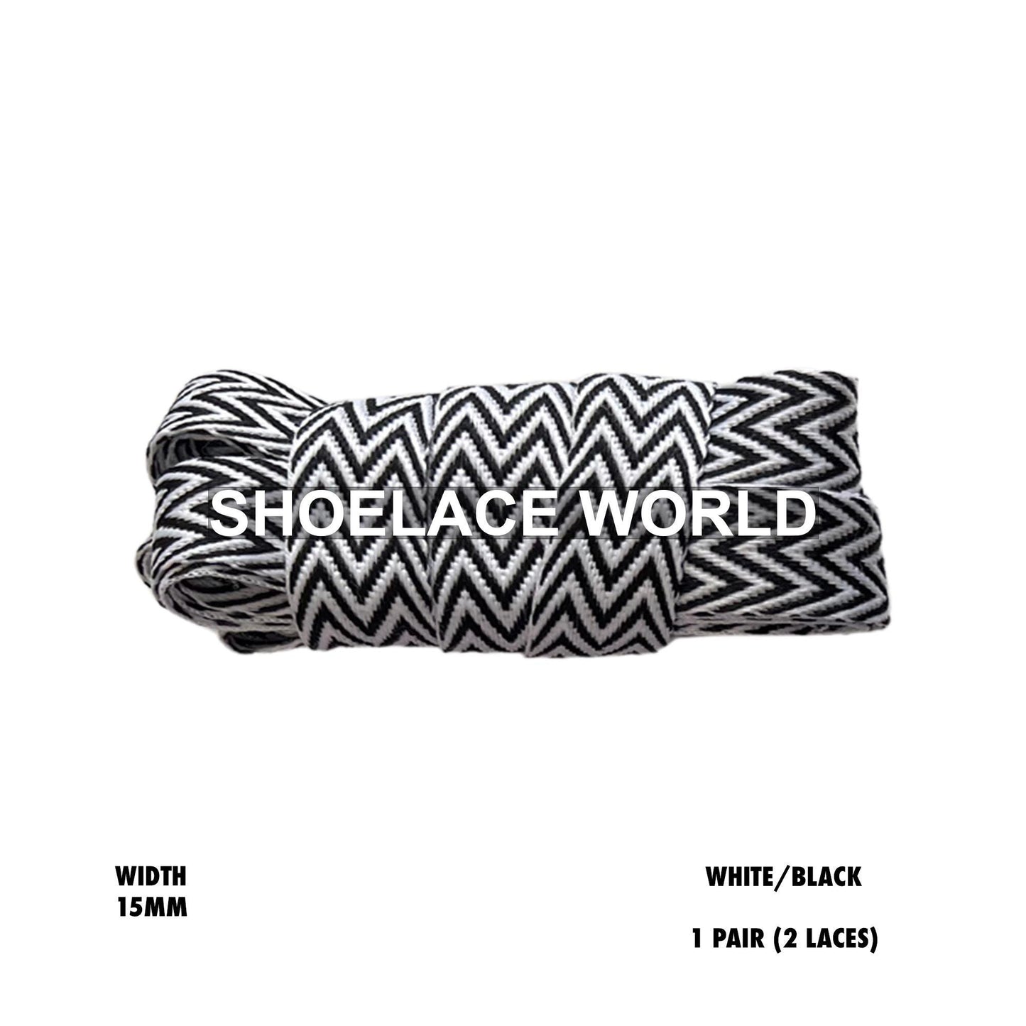 White/Black W-Threaded Pattern Flat Shoelaces 15mm Colorful Pattern Laces Ships Out From The USA Next Day
