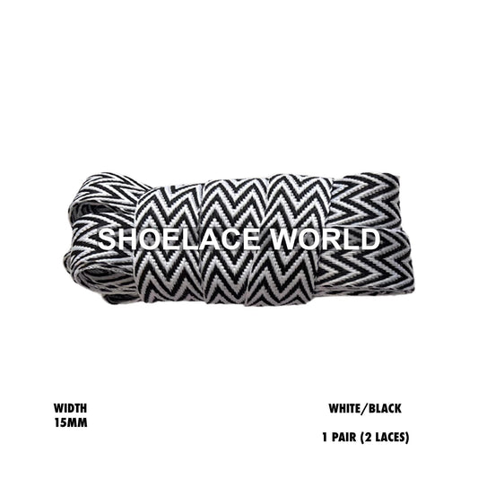 White/Black W-Threaded Pattern Flat Shoelaces 15mm Colorful Pattern Laces Ships Out From The USA Next Day