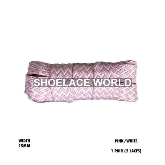 Pink / White W-Threaded Pattern Premium Double Layer Flat Shoelaces 15mm Colorful Pattern Laces Ships Out From The USA Next Day