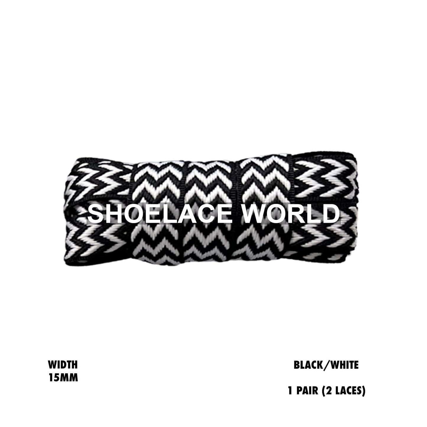 Black / White W-Threaded Pattern Premium Double Layer Flat Shoelaces 15mm Colorful Pattern Laces Ships Out From The USA Next Day