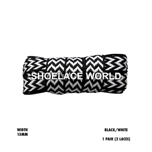 Black / White W-Threaded Pattern Premium Double Layer Flat Shoelaces 15mm Colorful Pattern Laces Ships Out From The USA Next Day
