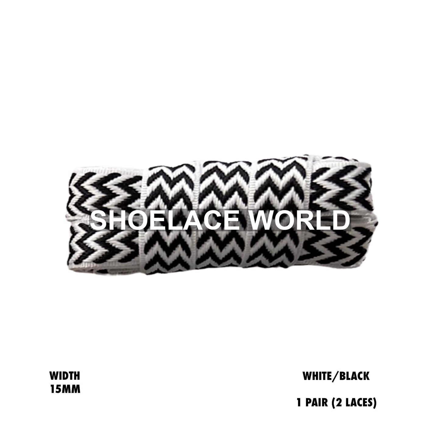 White / Black W-Threaded Pattern Premium Double Layer Flat Shoelaces 15mm Colorful Pattern Laces Ships Out From The USA Next Day