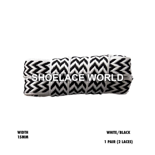 White / Black W-Threaded Pattern Premium Double Layer Flat Shoelaces 15mm Colorful Pattern Laces Ships Out From The USA Next Day