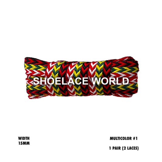 Multicolor #1 W-Threaded Pattern Premium Double Layer Flat Shoelaces 15mm Colorful Pattern Laces Ships Out From The USA Next Day