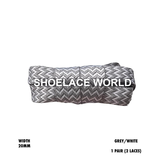 Grey / White W-Threaded Pattern Premium Double Layer Flat Shoelaces 20mm Colorful Pattern Laces Ships Out From The USA Next Day
