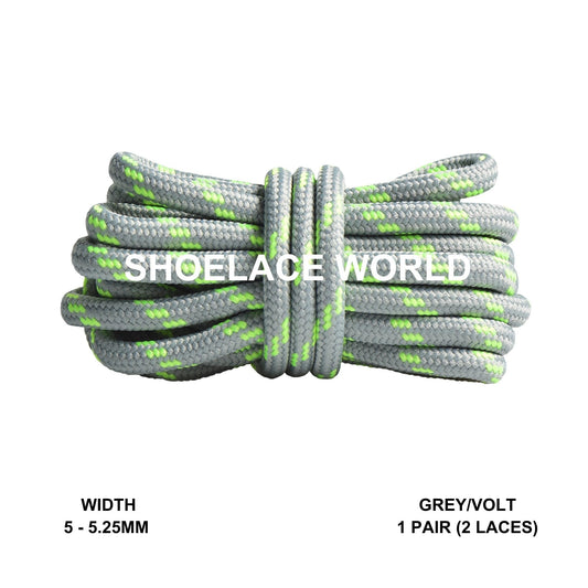 Grey / Volt Rope Round Shoelaces 3/16 Inch 5-5.25mm For Boot Hiking Jogging Trekking Durable Laces Ships Out From The USA Next Day