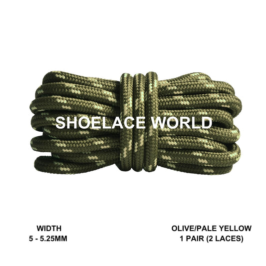 Olive / Pale Yellow Rope Round Shoelaces 3/16 Inch 5-5.25mm For Boot Hiking Jogging Trekking Durable Laces Ships Out From The USA Next Day