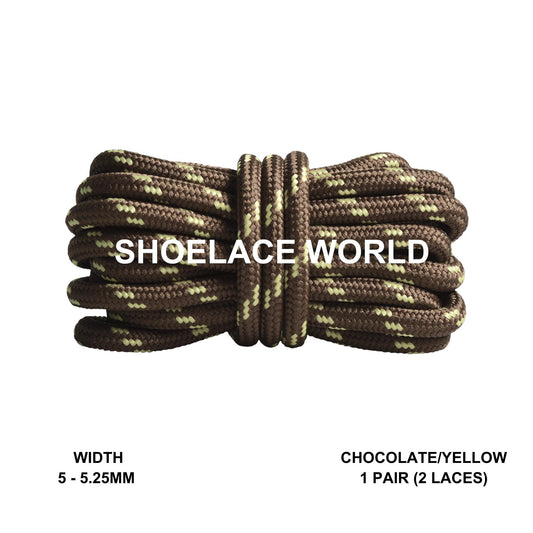 Chocolate / Yellow Rope Round Shoelaces 3/16 Inch 5-5.25mm For Boot Hiking Jogging Trekking Durable Laces Ships Out From The USA Next Day
