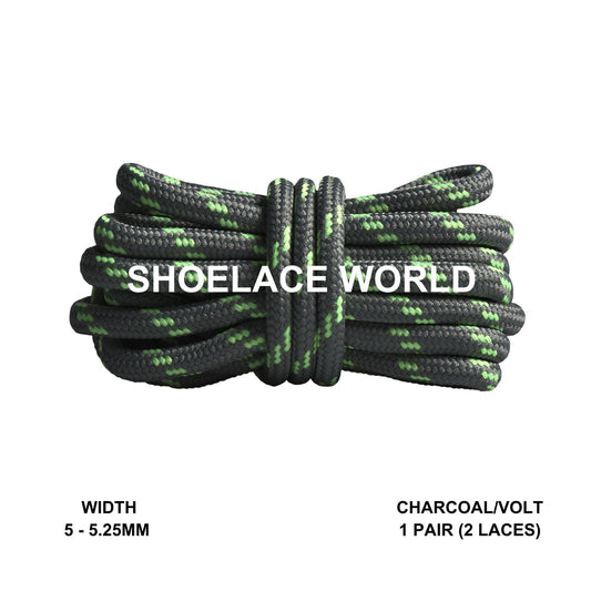 Charcoal / Volt Rope Round Shoelaces 3/16 Inch 5-5.25mm For Boot Hiking Jogging Trekking Durable Laces Ships Out From The USA Next Day