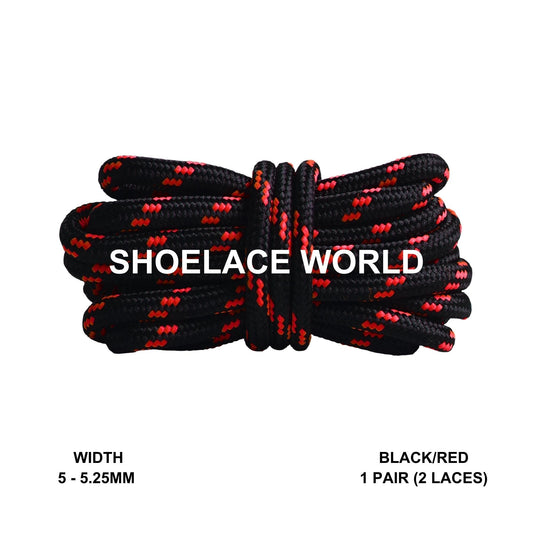 Black / Red Rope Round Shoelaces 3/16 Inch 5-5.25mm For Boot Hiking Jogging Trekking Durable Laces Ships Out From The USA Next Day