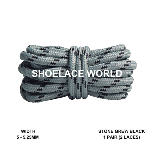 Stone Grey / Black Rope Round Shoelaces 3/16 Inch 5-5.25mm For Boot Hiking Jogging Trekking Durable Laces Ships Out From The USA Next Day