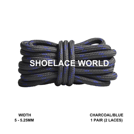 Charcoal / Blue Rope Round Shoelaces 3/16 Inch 5-5.25mm For Boot Hiking Jogging Trekking Durable Laces Ships Out From The USA Next Day