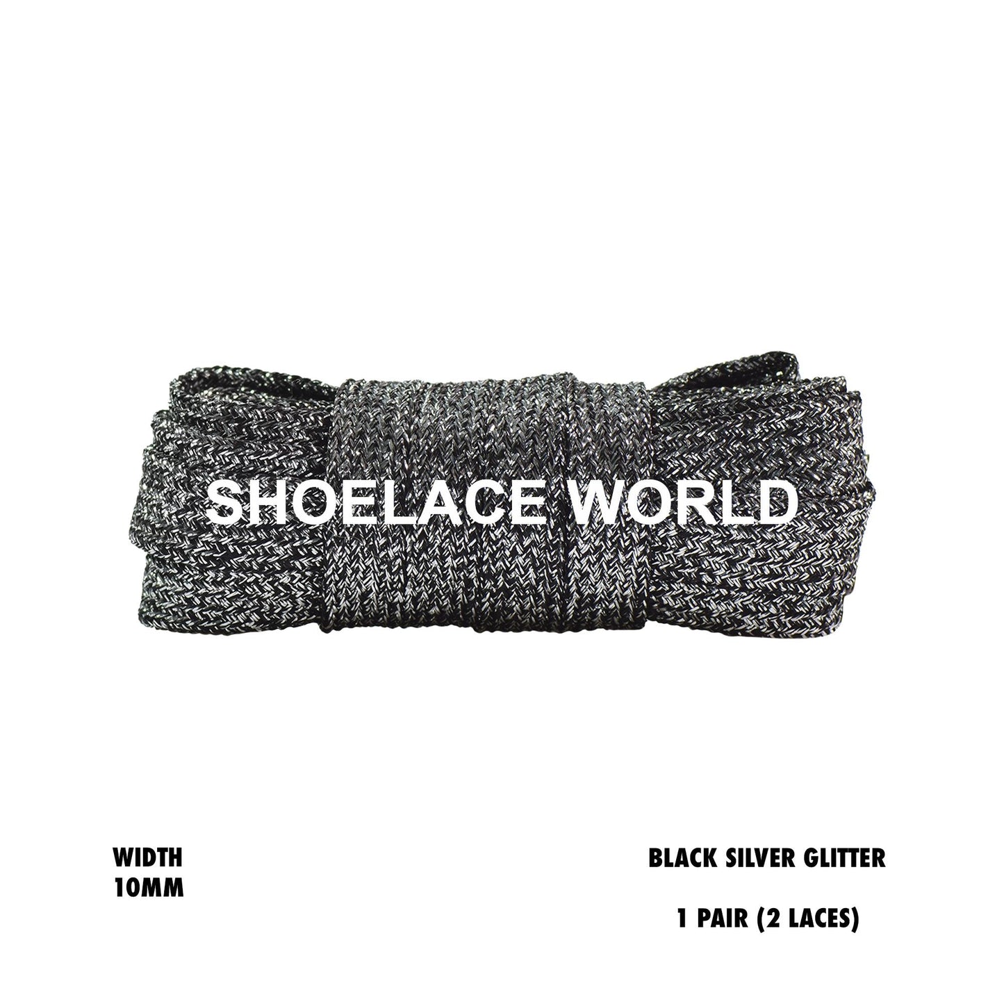 Black / Silver Flat Glitter Shoelaces 10mm Wide Laces Ship Out From The USA Next Day!