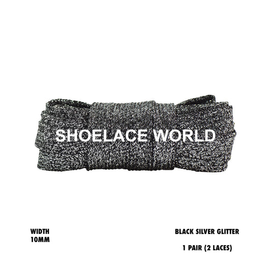 Black / Silver Flat Glitter Shoelaces 10mm Wide Laces Ship Out From The USA Next Day!