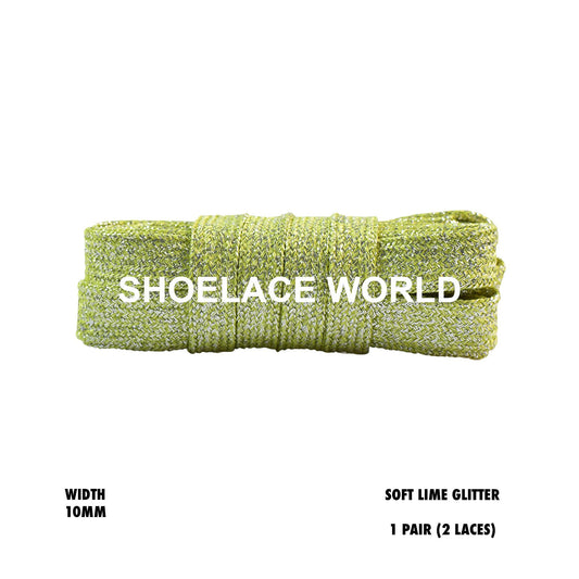 Soft Lime Flat Glitter Wide 10mm Shoelaces Shiny Laces Ships Out From The USA Next Day