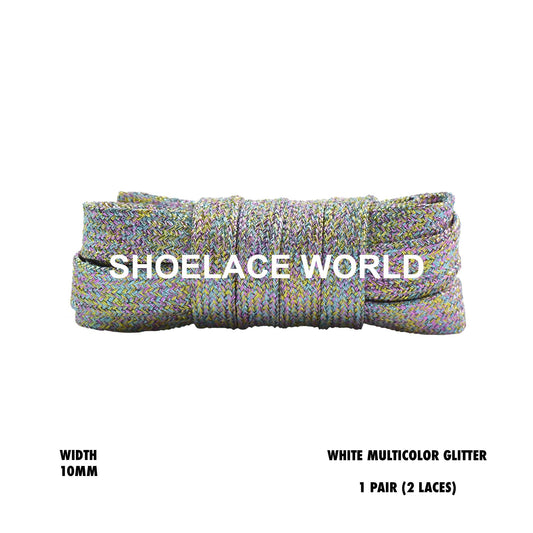 White Multicolor Flat Glitter Wide 10mm Shoelaces Shiny Laces Ships Out From The USA Next Day
