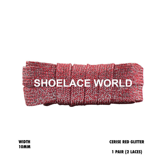 Cerise Red Flat Glitter Wide 10mm Shoelaces Shiny Laces Ships Out From The USA Next Day