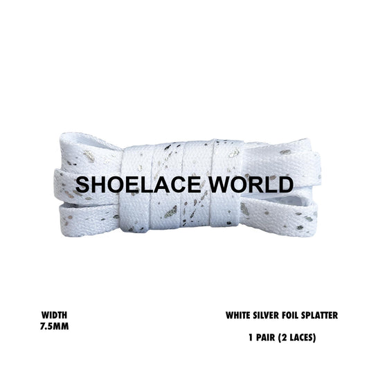 White Silver Foil Splatter Flat 7.5mm Shoelaces Cool New Laces Ships Out From The USA Next Day