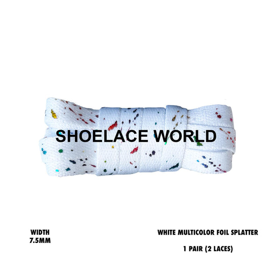 White Multicolor Foil Splatter Flat 7.5mm Shoelaces Cool New Laces Ships Out From The USA Next Day