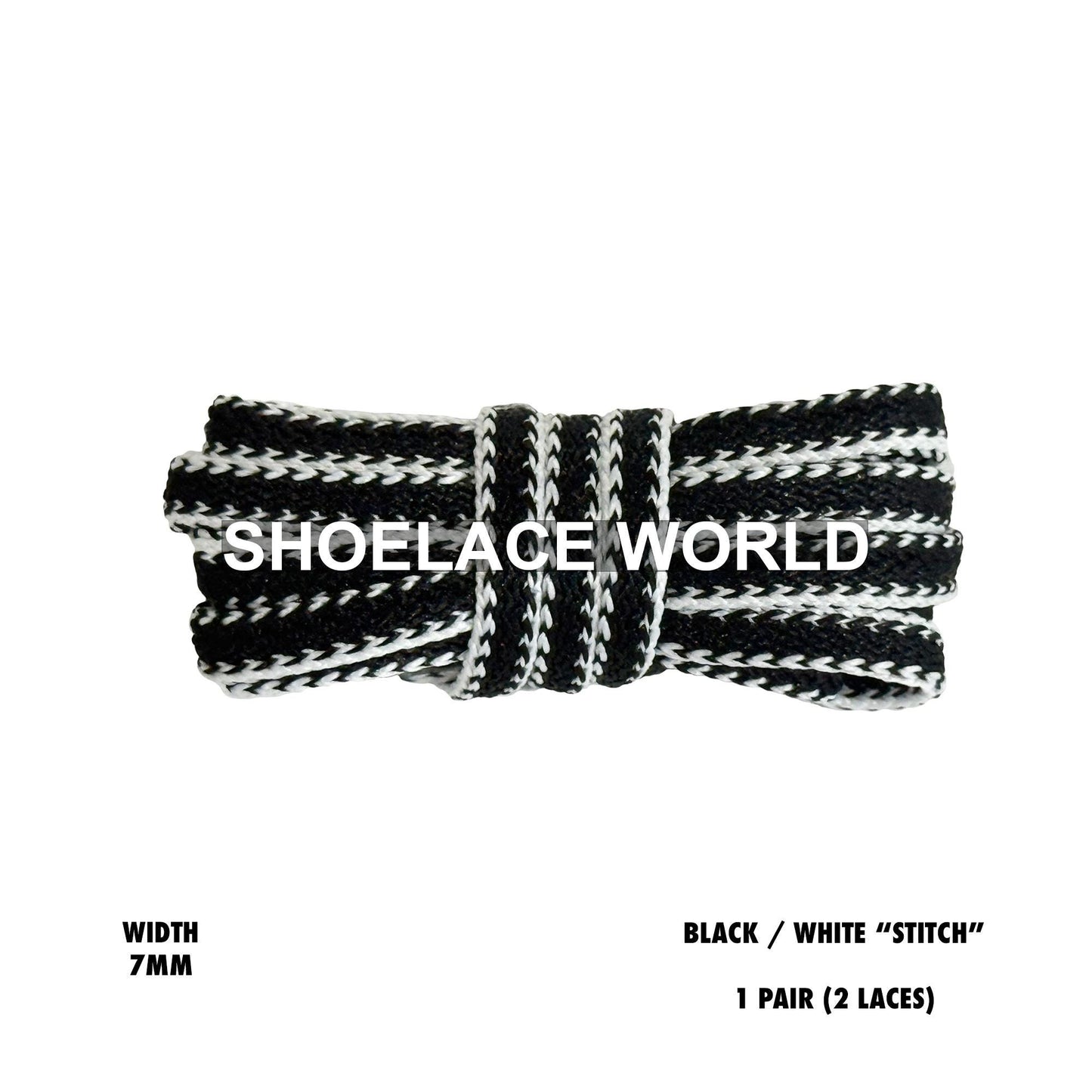 Black / White "Stitch" Flat Premium Shoelaces 7mm Limited Edition Printed Laces Ships Out From The USA Next Day
