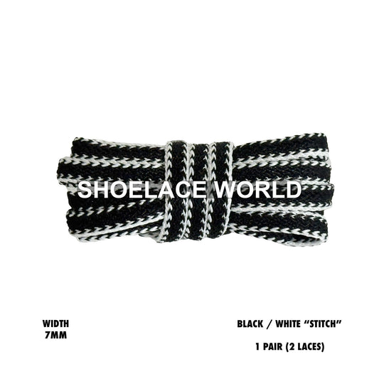 Black / White "Stitch" Flat Premium Shoelaces 7mm Limited Edition Printed Laces Ships Out From The USA Next Day