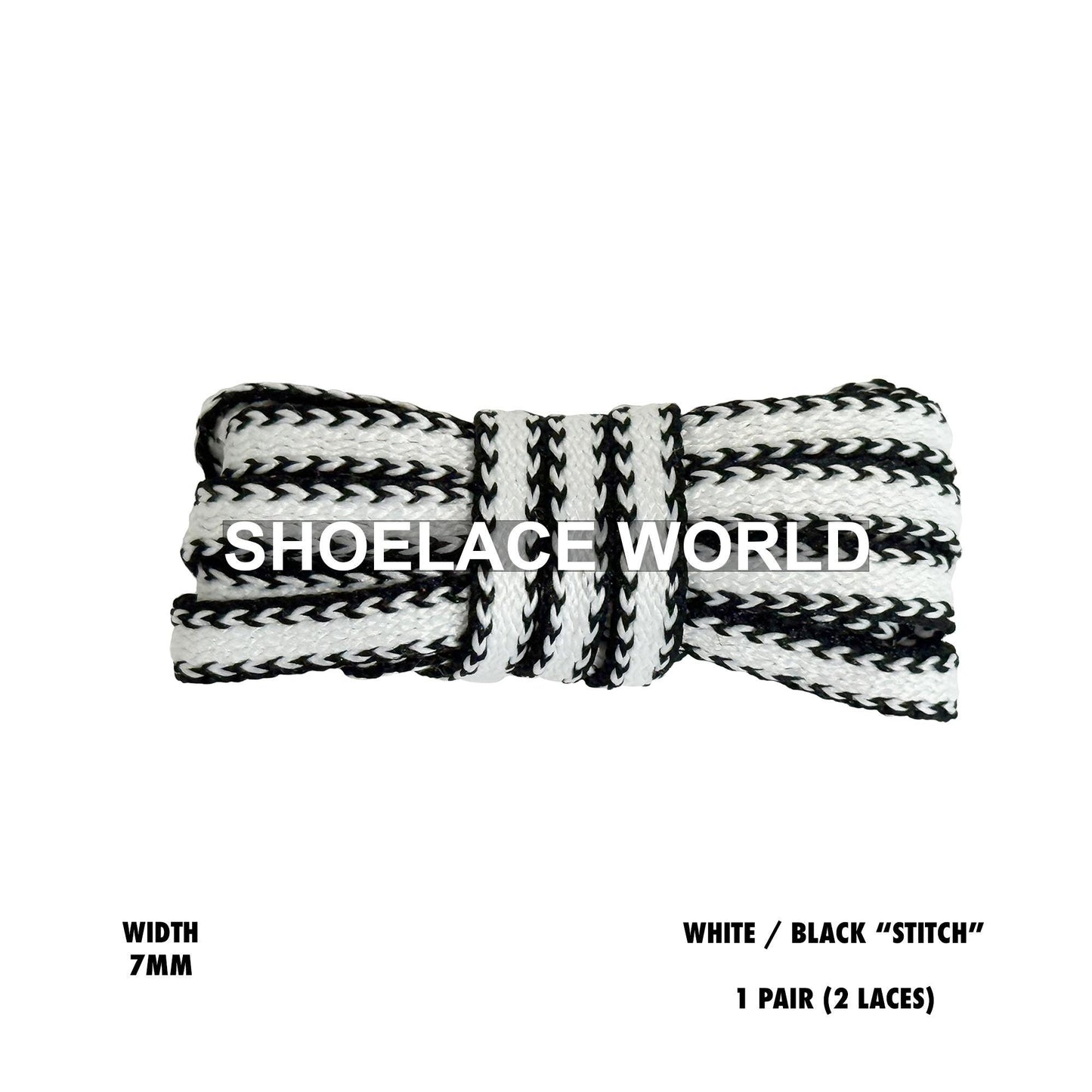 White / Black "Stitch" Flat Premium Shoelaces 7mm Limited Edition Printed Laces Ships Out From The USA Next Day