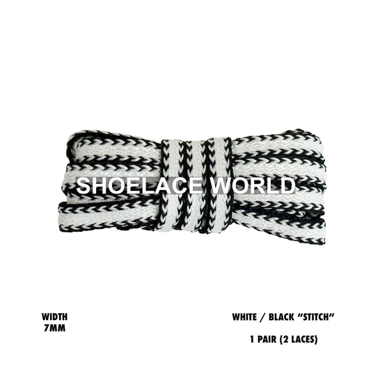 White / Black "Stitch" Flat Premium Shoelaces 7mm Limited Edition Printed Laces Ships Out From The USA Next Day