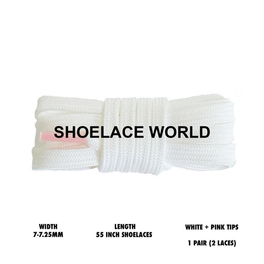 White + Pink Tips 55 Inches Flat Hollow Shoelaces 7-7.25mm Laces Ships Out From The USA Next Day