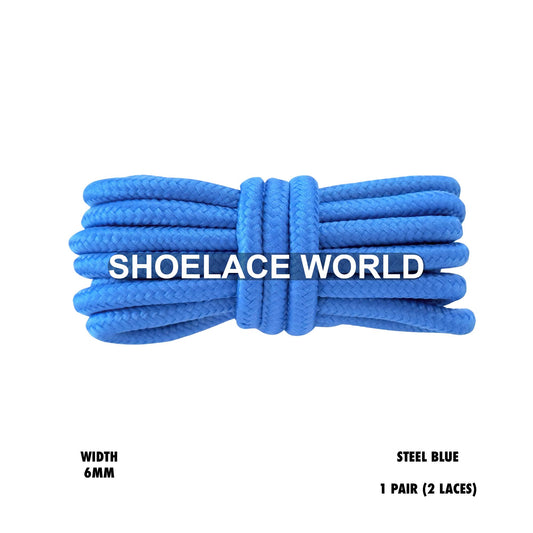 Steel Blue Thick Round Shoelaces 6mm Classic Colorful Laces Ships Out From The USA Next Day