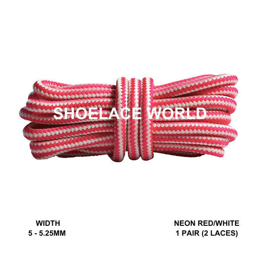 Neon Red / White Round Work Boots Shoelaces 5-5.25mm Classic Colorful Boot Laces Ships Out From The USA Next Day