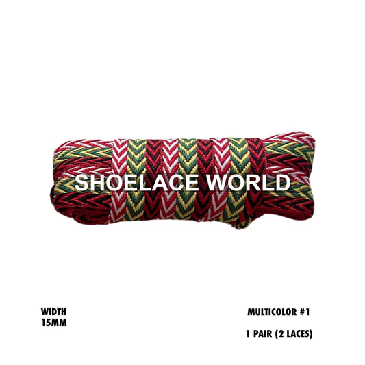Multicolor #1 W-Threaded Pattern Flat Shoelaces 15mm Colorful Pattern Laces Ships Out From The USA Next Day