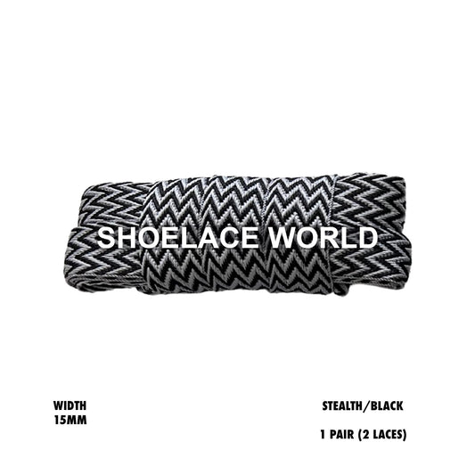 Stealth/Black W-Threaded Pattern Flat Shoelaces 15mm Colorful Pattern Laces Ships Out From The USA Next Day