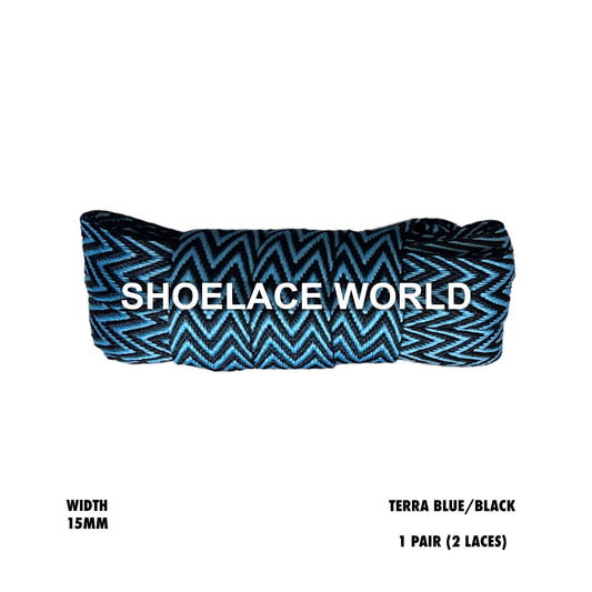 Terra Blue/Black W-Threaded Pattern Flat Shoelaces 15mm Colorful Pattern Laces Ships Out From The USA Next Day