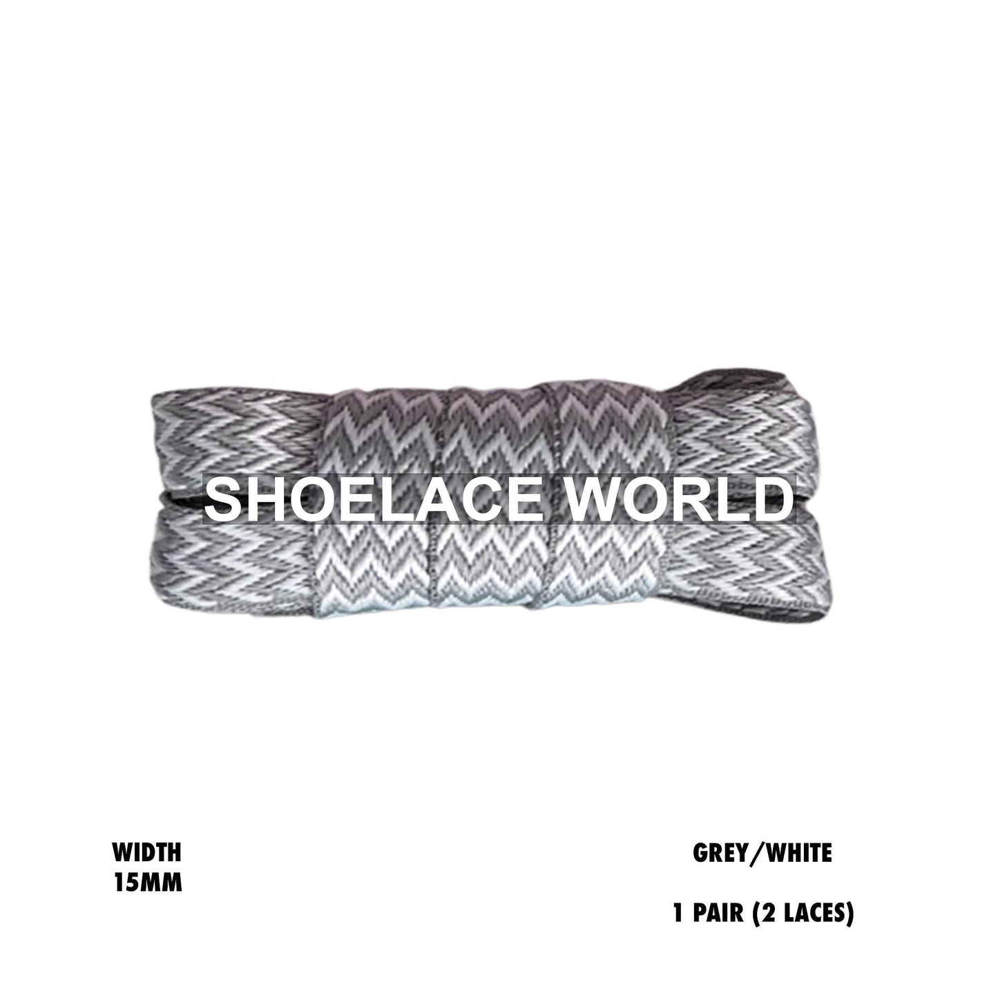 Grey / White W-Threaded Pattern Premium Double Layer Flat Shoelaces 15mm Colorful Pattern Laces Ships Out From The USA Next Day